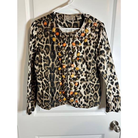 Lifestyle Jackets & Blazers - Life Style Leopard Print Jacket Embellished Beaded Zip Front Petite